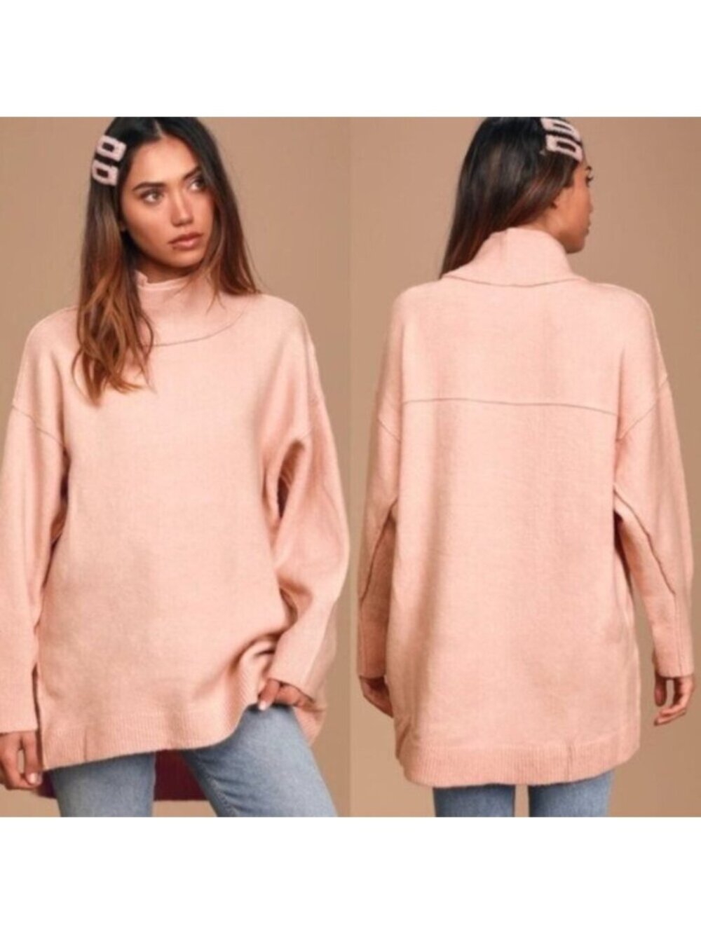 Free People Afterglow Blush Pink Mock Neck Oversized Sweater